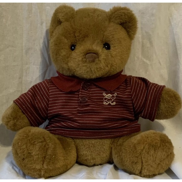 Build A Bear Workshop Brown Bear Plush Maroon Striped Golf Shirt Stuffed Animal - Picture 1 of 12